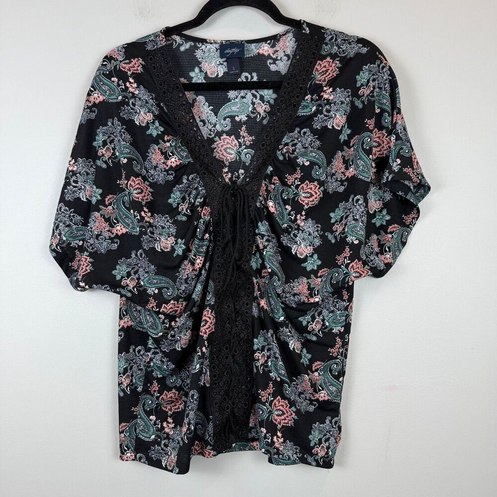 Daytrip Top Women Small Multi Paisley Crochet Lace Trim Kimono Boho Festival Y2K